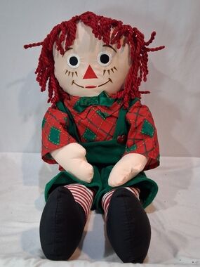Vintage-Inspired Red-Haired Rag Doll Plush in Green Outfit